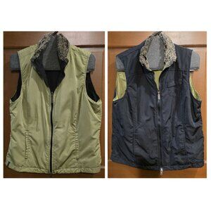 Columbia WOMENS Reversible Vest GREEN/BLACK Zip Faux Fur Collar Pockets SZ M